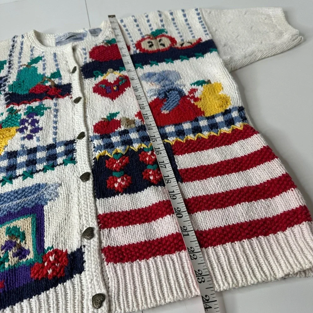 Signatures Northern Isles Hand Knit‎ Sweater White Fruit Americana Vtg 90s Sz L